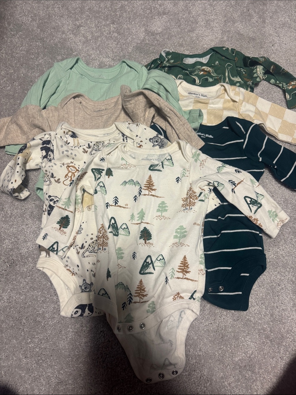 Mixed Nature & Solid Long-Sleeve Baby One-Piece Bodysuits - Green, Cream & Beige